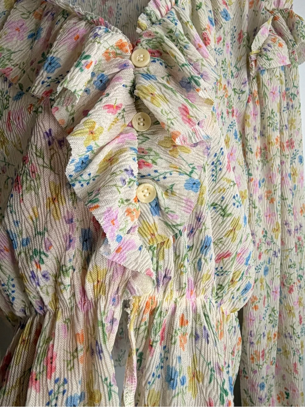 Anthropologie Cream Pastel Floral Ruffle V-Neck Blouse